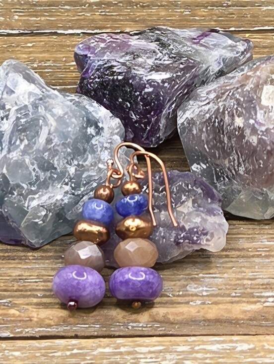 Persephone's Daughter Jewelry - Charoite, Peach Moonstone, Purple Jade and Copper Stacked Earrings